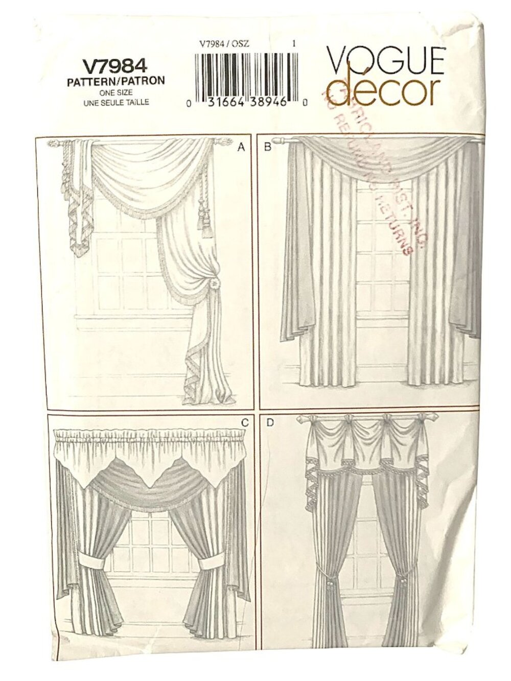 Vogue Sewing Pattern V7984 Elegant Window Treatments Curtains Valance UNCUT